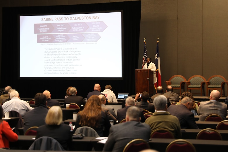 Toniette “Toni” Addison, P.E., Sabine Pass to Galveston Bay (S2G) Division chief, gives the Industry Day audience an overview of the Sabine Pass to Galveston Bay project, a fully funded, multi-billion-dollar hurricane protection project designed to shelter the northeastern coast of Texas. U.S. Army photo by Luke Waack.