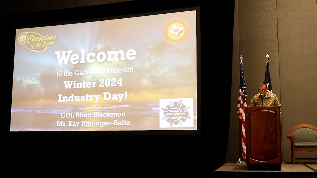 Col. Rhett Blackmon, U.S. Army Corps of Engineers (USACE), Galveston District (SWG) commander, gives opening remarks during USACE SWG Industry Day at Moody Gardens, Galveston, Texas, Jan. 17, 2024. Industry Day is an opportunity for SWG to engage with businesses face to face, collaborate on projects and give contractors important information about contracting with USACE. U.S. Army photo by Luke Waack.