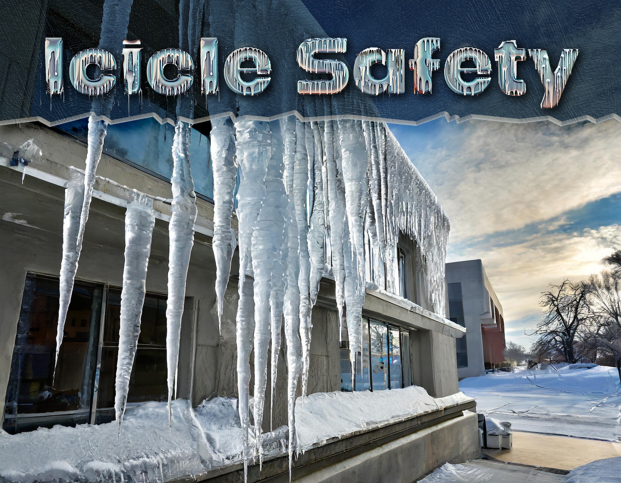 An icicle safety illustration depicting several icicles hanging from a building.