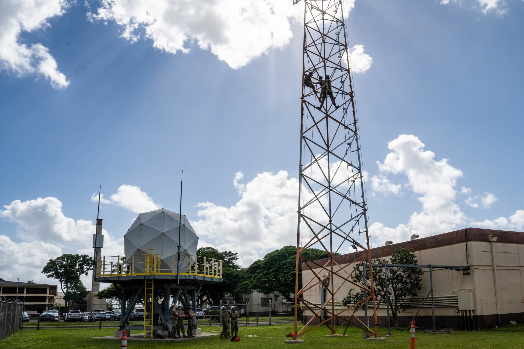 Airmen from the 747th Cyber Security Squadron complete a climbing certification class at Joint Base Pearl Harbor-Hickam, Hawaii, Jan. 11, 2024. Cyber airmen conduct routine maintenance to the towers supporting the Joint Base and are responsible for keeping the Internet and phone communications running. (U.S. Air Force photo by Senior Airman Makensie Cooper)