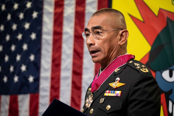 Gen. Chalermphon Srisawasdi, former Royal Thai Armed Forces (RTARF) Chief of Defence, speaks after being presented the Legion of Merit pinned by Adm. John C. Aquilino, Commander of U.S. Indo-Pacific Command, in Bangkok on Jan. 18, 2024. The Legion of Merit is the highest accolade that the U.S. can bestow upon a foreign leader; it is reserved for individuals who have shown exceptionally meritorious conduct in the performance of outstanding services. USINDOPACOM is committed to enhancing stability in the Indo-Pacific region by promoting security cooperation, encouraging peaceful development, responding to contingencies, deterring aggression and, when necessary, fighting to win. (U.S. Navy photo by Chief Mass Communication Specialist Shannon M. Smith)