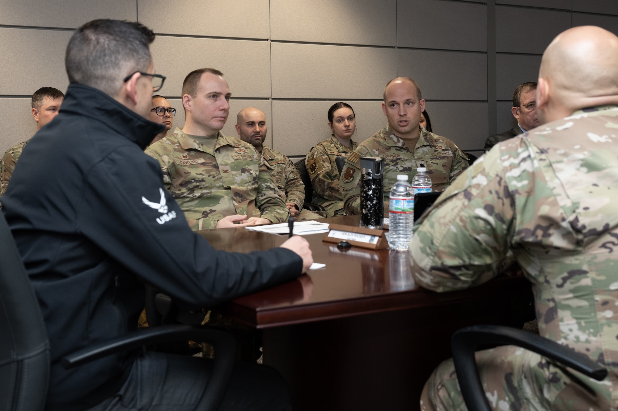 t. Col. Joseph Hoecherl briefs Honorable Alex Wagner, Assistant Secretary of the Air Force for Manpower and Reserve Affairs on Project HIPPOPOTAMUS at the Air Force Manpower Analysis Agency, Joint Base San Antonio-Randolph