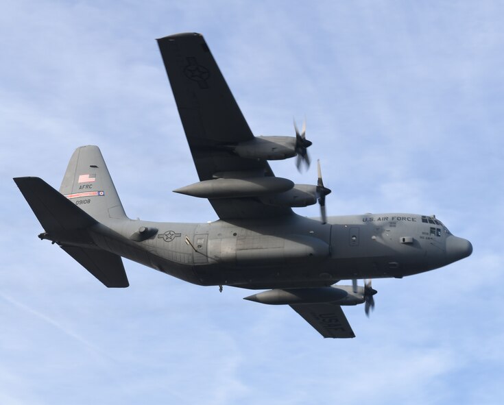 A 910th Airlift Wing aerial spray modified C-130H Hercules sprays water from its training modular aerial spray system during an aerial spray demonstration, Jan. 10, 2024, at the Manatee County Regional Airport, Florida.