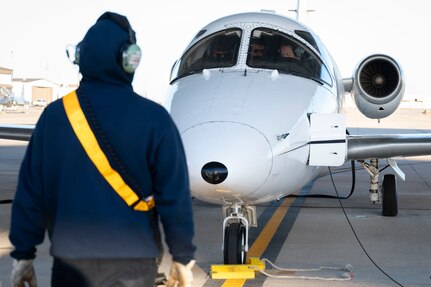 U.S. Air Force Capt. Tabitha Letourneau, 86th Flying Training Squadron instructor pilot, inspects the exterior of a T-1A Jayhawk before flying at Laughlin Air Force Base, Texas, January 9, 2024. Letourneau is the first Air Force instructor pilot to fly with an unrated student pilot thanks to recent changes on the Air Force’s medical waiver guide. (U.S. Air Force photo by Senior Airman Kailee Reynolds)