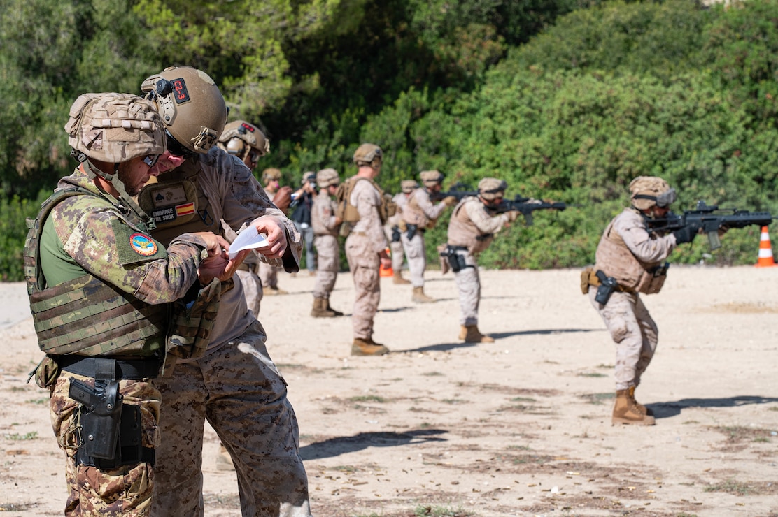 NAVAL STATION ROTA, Spain (Oct. 3, 2023) U.S., Spanish and Italian Marines participate in a live-fire exercise held during Lisa Azul 2023 onboard Naval Station (NAVSTA) Rota, Spain, Oct. 3, 2023. Lisa Azul is an annual training exercise onboard Naval Station Rota that aims to grow infantry combat skills while also bulding military cohesion, camaraderie, and overall effectiveness alongside allied armed forces. (U.S. Navy photo by Mass Communication Specialist 2nd Class Drace Wilson)