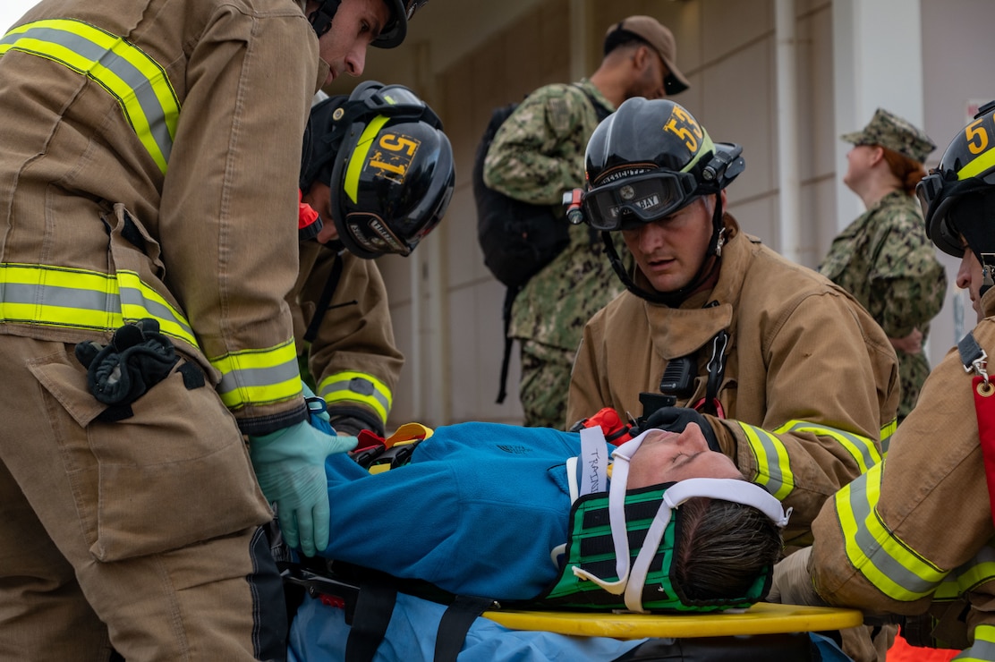 NAVAL SUPPORT ACTIVITY SOUDA BAY, Greece (May 16, 2023) Naval Support Activity (NSA) Souda Bay Fire and Emergency Services participated in a simulated earthquake emergency response drill titled “Reliant Rumble” held on the installation May 16, 2023. NSA Souda Bay is an operational ashore installation which enables and supports U.S., Allied, Coalition, and Partner nation forces to preserve security and stability in the European, African, and Central Command areas of responsibility. (U.S. Navy photo by Mass Communication Specialist 2nd Class Delaney S. Jensen)