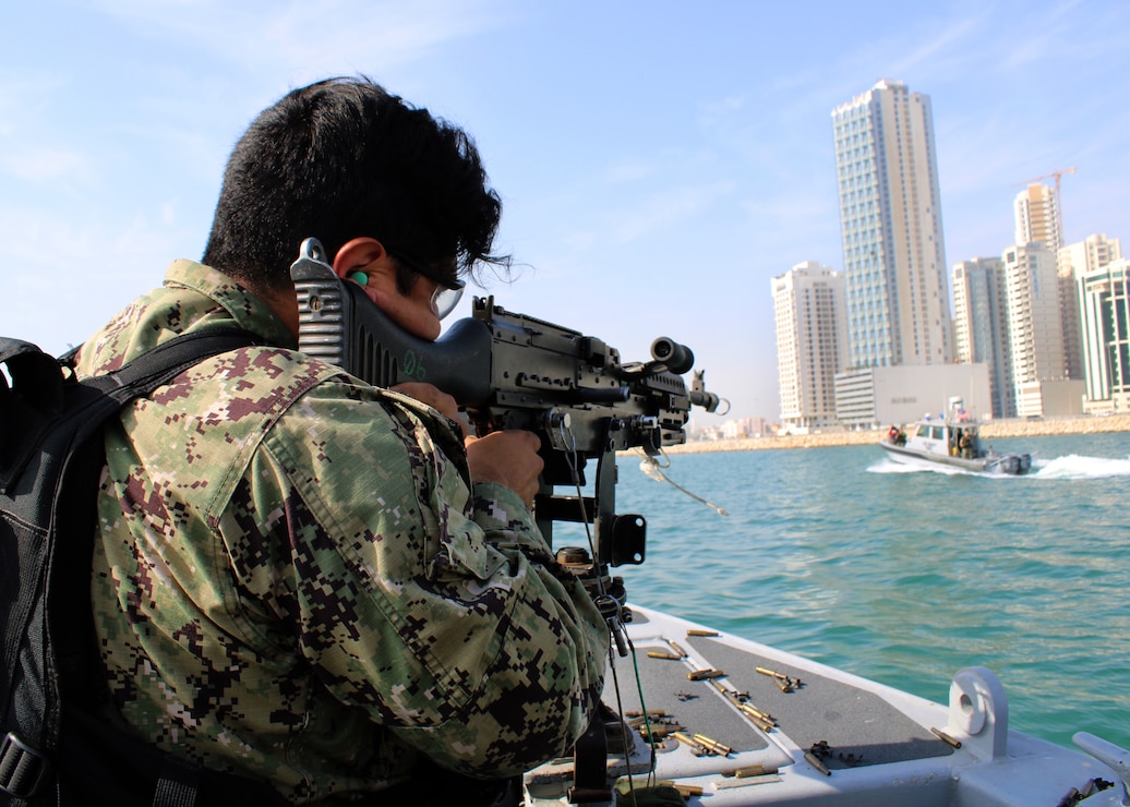 230213-N-FB203-0701 MANAMA, Bahrain (February 13, 2023) Naval Support Activity (NSA) Bahrain Port Operations trainees pursue a training boat as part of Exercise Citadel Protect. NSA Bahrain enables the forward operations and responsiveness of U.S. and allied forces in support of Navy Region Europe, Africa, Southwest Asia's mission to provide services to the fleet, warfighter and family. (U.S. Navy photo by Mass Communication Specialist 1st Class Sean Gallagher/Released)