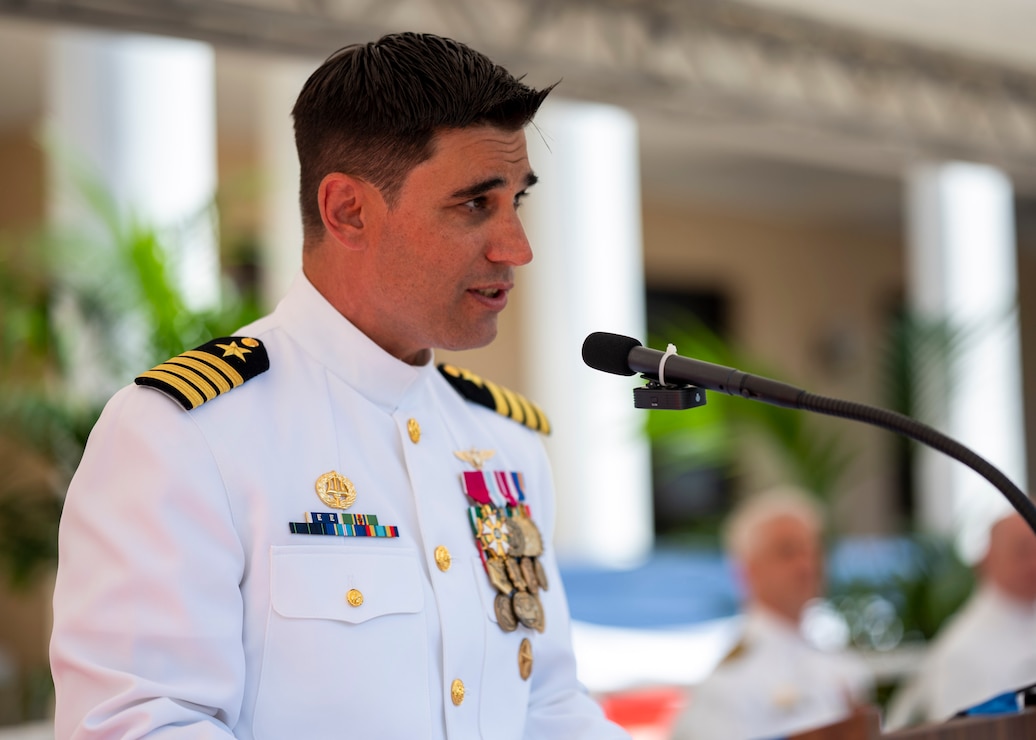 NAPLES, Italy (July 7, 2023) Capt. John Randazzo, commanding officer of U.S. Naval Support Activity (NSA) Naples, speaks during the NSA Naples Change of Command Ceremony, July 7, 2023. NSA Naples is an operational ashore base that enables U.S., allied, and partner nation forces to be where they are needed, when they are needed to ensure and stability in the European, African, and Central Command areas of responsibility. (U.S. Navy photo by Mass Communication Specialist 1st Class Haydn Smith)