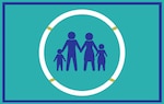 A coast guard teal background on a rectangular frame houses a life saving circle around a silhouetted family of four right in the middle of the graphic.