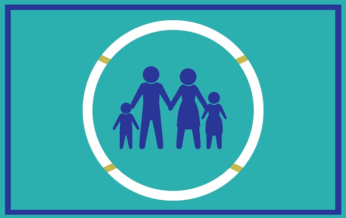 A coast guard teal background on a rectangular frame houses a life saving circle around a silhouetted family of four right in the middle of the graphic.