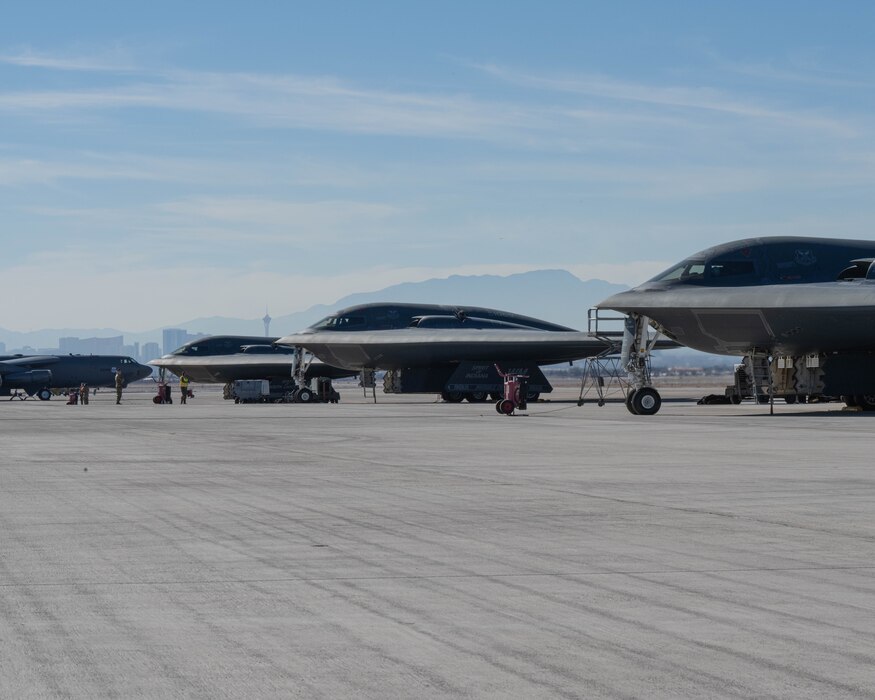 B-2 Spirit stealth bombers sit on the tarmac