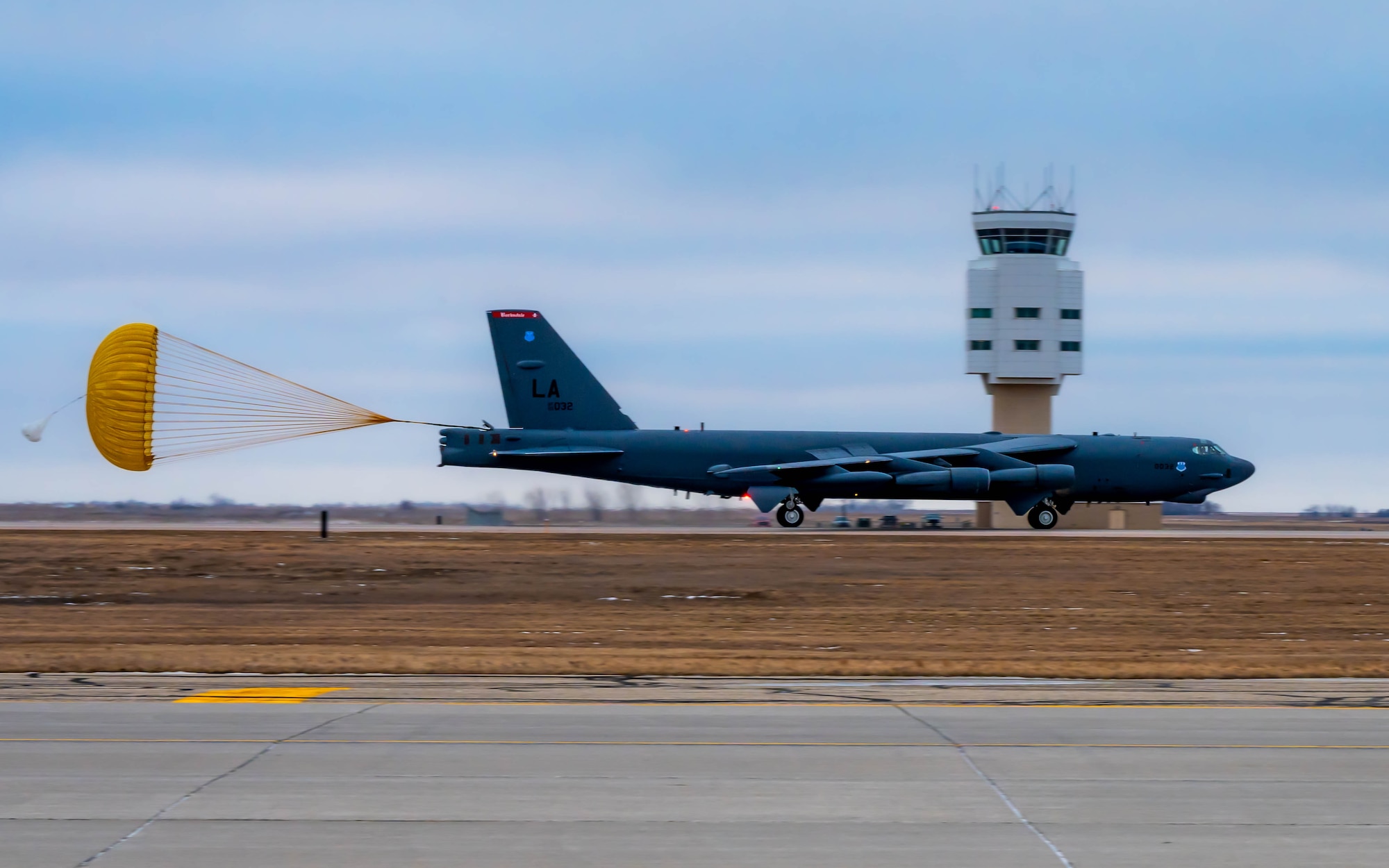 A B-52H Stratofortress assigned to the 96th Bomb Squadron at Barksdale Air Force Base, Louisiana, lands on the flightline in support of Exercise Prairie Vigilance/Bayou Vigilance 24-2 at Minot Air Force Base, North Dakota, Jan. 4, 2024. Air Force Global Strike Command maintains a credible strategic capability that enhances deterrence of threats to the United States, its allies and partners. (U.S. Air Force photo by Senior Airman Alexander Nottingham)