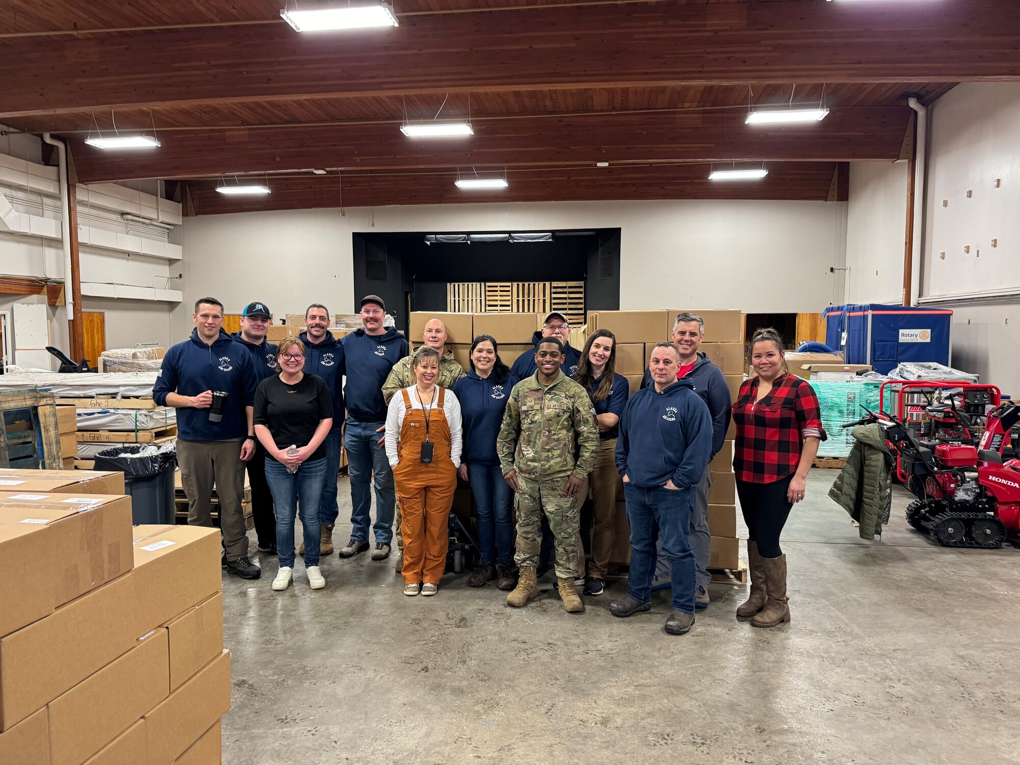 A group of volunteers from the 168th Wing helped Tanana Chiefs Conference to distribute 300 shelf-stable food boxes to 200 elders in 11 Interior Alaska Villages, Jan 17, 2023. TCC works with various community organizations monthly to distribute meals throughout Interior Alaska Villages. (Courtesy Photo)