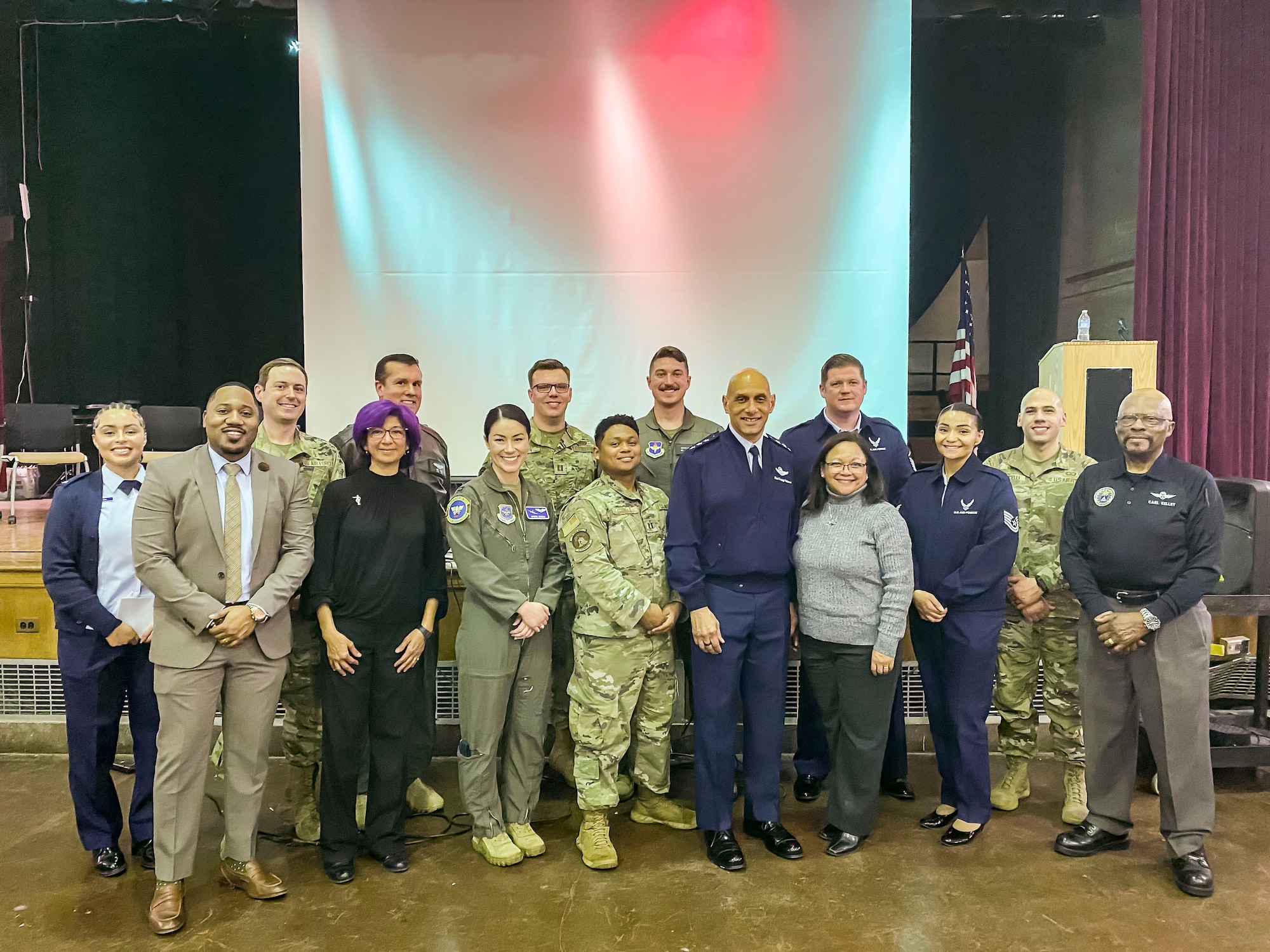 Lt. Gen. Brian Robinson, commander of Air Education and Training Command, and his wife, Maureen Robinson, stand alongside the leaders of George Washington Carver High School of Engineering and Science, members from Joint Base McGuire-Dix-Lakehurst, AFROTC Det. 750, Air Force Recruiting Service, Civil Air Patrol, and Air Force Reserve Command, during a visit to George Washington Carver High School of Engineering and Science at Philadelphia, Pennsylvania, Jan. 16-17, 2024. Robinson’s visit was a part of GO Inspire, a Department of the Air Force recruiting program designed specifically for General Officers to seek out and conduct outreach engagements to engage youth and youth influencers from Underrepresented Groups to increase the diversity of Air and Space Force applicants.