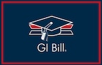 A coast guard blue background with a red square around the border. In the middle is a cap with dog tags hanging from it. Underneath is the text GI Bill.