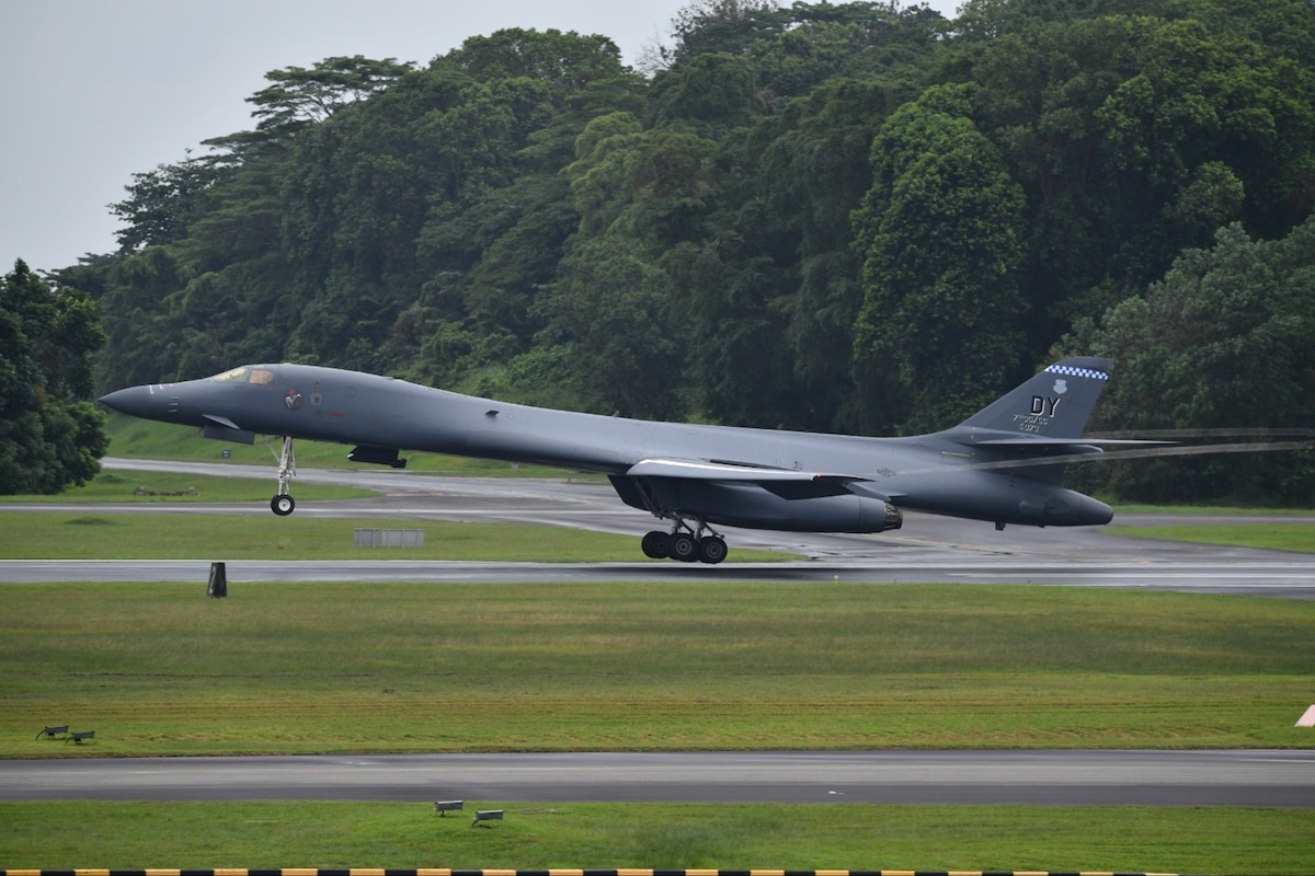 A B-1B Lancer assigned to the 345th Expeditionary Bomb Squadron from Dyess Air Force Base, Texas, prepares to land at Paya Lebar Air Base, Singapore, Jan. 18, 2024. The B-1B will conduct air-to-air refueling training with the Republic of Singapore Air Force’s A330 Multi Role Tanker Transport. (Republic of Singapore Air Force courtesy photo)