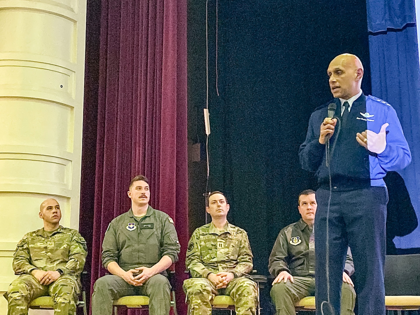 Lt. Gen. Brian Robinson, commander of Air Education and Training Command, is joined on stage by U.S. Air Force Lt. Col. Paul Gaulin, U.S. Air Force Academy Admissions Liaison Officer, Capt. (Dr.) David Patrick, family medicine practitioner with the 87th Medical Group, 2nd Lt. Bryce Worley, Gold Bar Recruiter, and Senior Airman Anthony Fraticelli-Torres, air traffic controller with the 305th Air Mobility Wing, for a questions and answers session during a visit to George Washington Carver High School of Engineering and Science at Philadelphia, Pennsylvania, Jan. 16-17, 2024. The service members’ visit was a part of GO Inspire, a Department of the Air Force recruiting program designed specifically for General Officers to seek out and conduct outreach engagements to engage youth and youth influencers from Underrepresented Groups to increase the diversity of Air and Space Force applicants.