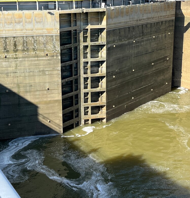 The Demopolis Lock was successfully mitered, Jan. 19, 2024, after being breached a few days earlier. The U.S. Army Corps of Engineers is working to analyze the extent of the damage and make necessary repairs. (U.S. Army photo by Ryan Reich)