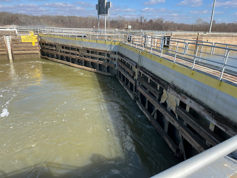 The Demopolis Lock chamber was restored to upper pool elevation after successful miter of the lower miter gate, Jan,19, 2024, in Alabama. The U.S. Army Corps of Engineers is working to analyze the extent of the damage and make necessary repairs. (U.S. Army photo by Ryan Reich)