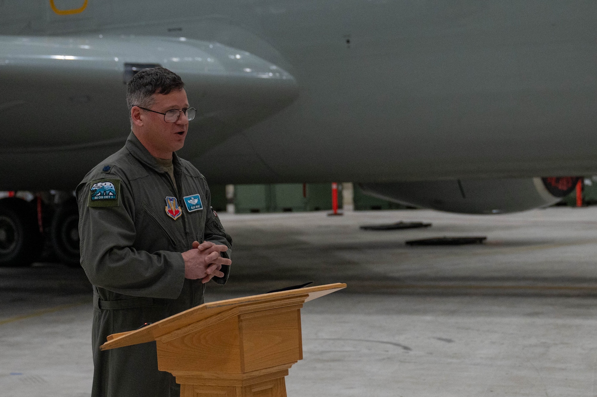 An Airman gives a speech during an assumption-of-command ceremony.