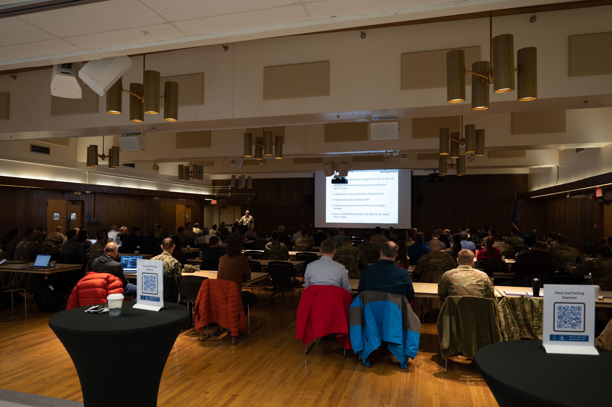 Arctic Weather Workshop 2024 attendees view slides during various presentations at the University of Alaska Fairbanks campus in Fairbanks, Alaska, Jan. 17, 2024.
