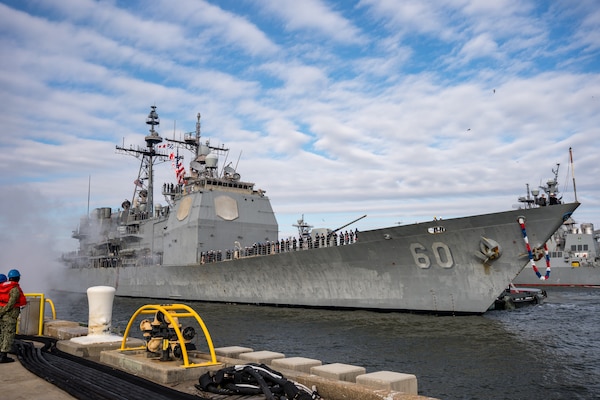 Normandy, part of the Gerald R. Ford Carrier Strike Group, was deployed to the U.S. Naval Forces Europe area of operations, employed by U.S. 6th Fleet to defend U.S., allied and partner interests.