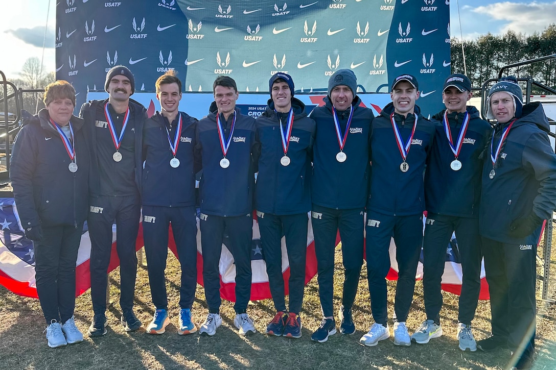 Navy men capture silver during the 2024 Armed Forces Cross Country Championship held in conjunction with the USA Track and Field Cross Country National Championship in Richmond, Va.  The Armed Forces Championship features teams from the Army, Marine Corps, Navy (with Coast Guard runners), and Air Force (with Space Force Runners).  Department of Defense Photo by Mr. Steven Dinote - Released.