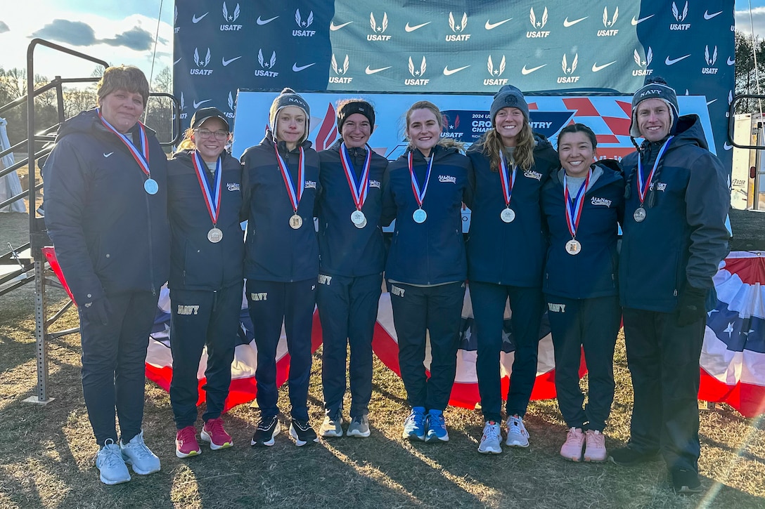 Navy Women capture silver during the 2024 Armed Forces Cross Country Championship held in conjunction with the USA Track and Field Cross Country National Championship in Richmond, Va.  The Armed Forces Championship features teams from the Army, Marine Corps, Navy (with Coast Guard runners), and Air Force (with Space Force Runners).  Department of Defense Photo by Mr. Steven Dinote - Released.