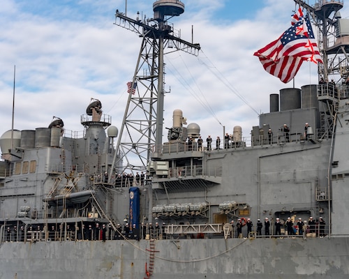 Normandy, part of the Gerald R. Ford Carrier Strike Group, was deployed to the U.S. Naval Forces Europe area of operations, employed by U.S. 6th Fleet to defend U.S., allied and partner interests.