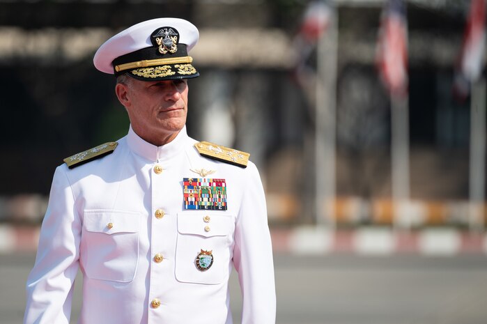 Adm. John C. Aquilino, Commander of U.S. Indo-Pacific Command, participates in an honors ceremony at Royal Thai Armed Forces (RTARF) Headquarters in Bangkok on Jan. 19, 2024, during a trip to Thailand to meet with senior military and civilian leaders. The visit not only showcased strategic alignment and initiatives, but also highlighted the deep appreciation and strength within the U.S.-Thai relationship, which dates back to 1833. USINDOPACOM is committed to enhancing stability in the Indo-Pacific region by promoting security cooperation, encouraging peaceful development, responding to contingencies, deterring aggression and, when necessary, fighting to win. (U.S. Navy photo by Chief Mass Communication Specialist Shannon M. Smith)