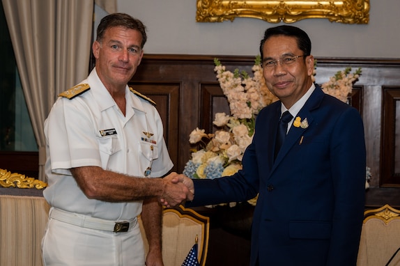 Adm. John C. Aquilino, Commander of U.S. Indo-Pacific Command, meets with Thai Minister of Defence Sutin Klungsang in Bangkok on Jan. 19, 2024, during a trip to Thailand to meet with senior military and civilian leaders. The visit not only showcased strategic alignment and initiatives, but also highlighted the deep appreciation and strength within the U.S.-Thai relationship, which dates back to 1833. USINDOPACOM is committed to enhancing stability in the Indo-Pacific region by promoting security cooperation, encouraging peaceful development, responding to contingencies, deterring aggression and, when necessary, fighting to win. (U.S. Navy photo by Chief Mass Communication Specialist Shannon M. Smith)