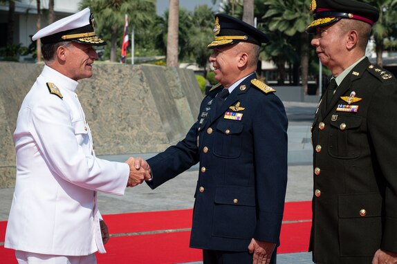 Adm. John C. Aquilino, Commander of U.S. Indo-Pacific Command, meets senior military leaders at Royal Thai Armed Forces (RTARF) Headquarters in Bangkok on Jan. 19, 2024, during a trip to Thailand to meet with senior military and civilian leaders. The visit not only showcased strategic alignment and initiatives, but also highlighted the deep appreciation and strength within the U.S.-Thai relationship, which dates back to 1833. USINDOPACOM is committed to enhancing stability in the Indo-Pacific region by promoting security cooperation, encouraging peaceful development, responding to contingencies, deterring aggression and, when necessary, fighting to win. (U.S. Navy photo by Chief Mass Communication Specialist Shannon M. Smith)