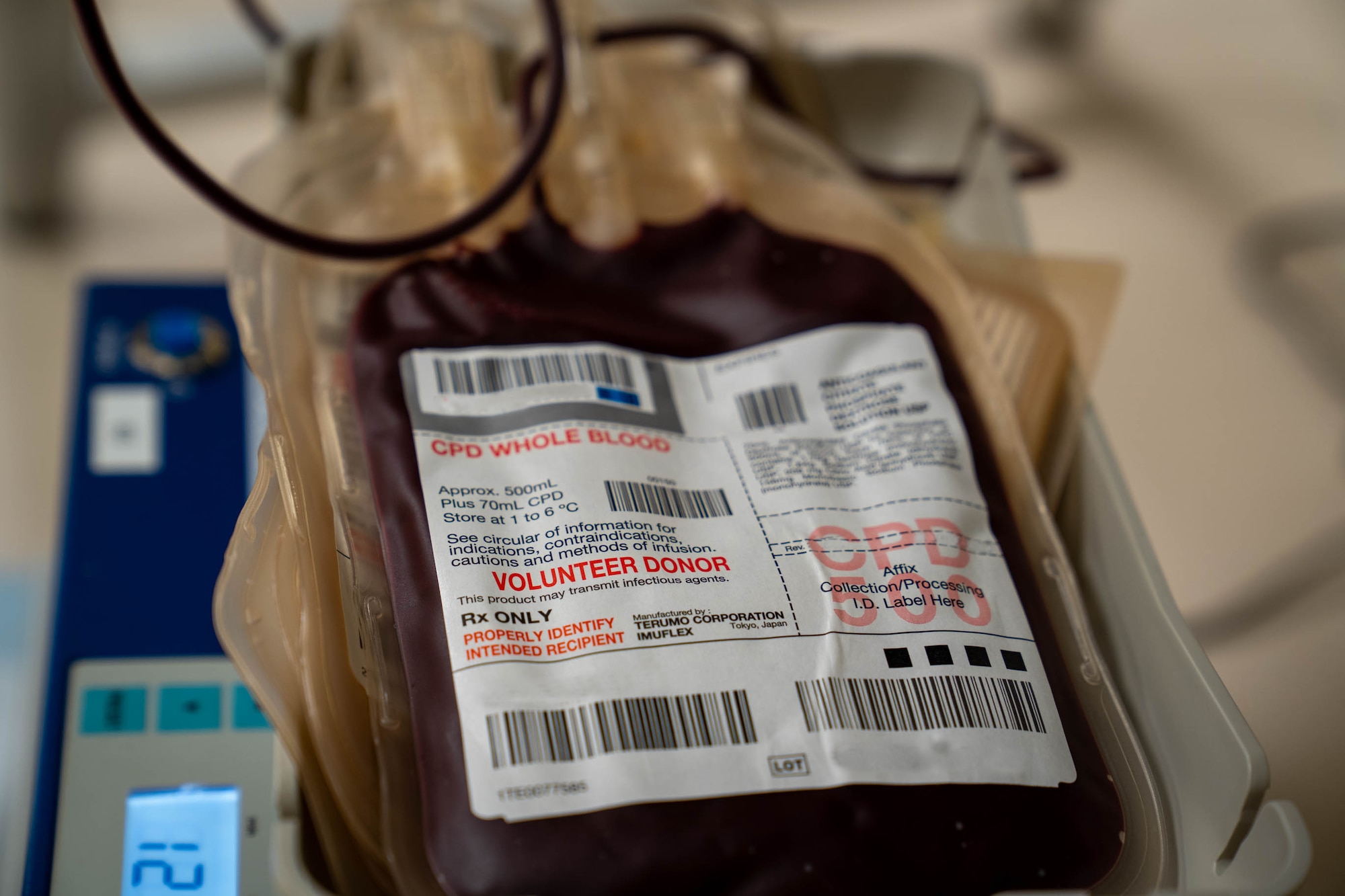 A bag of volunteer donor blood is collected at the Triangle Clinic on Keesler Air Force Base, Mississippi, Jan. 18, 2024.
