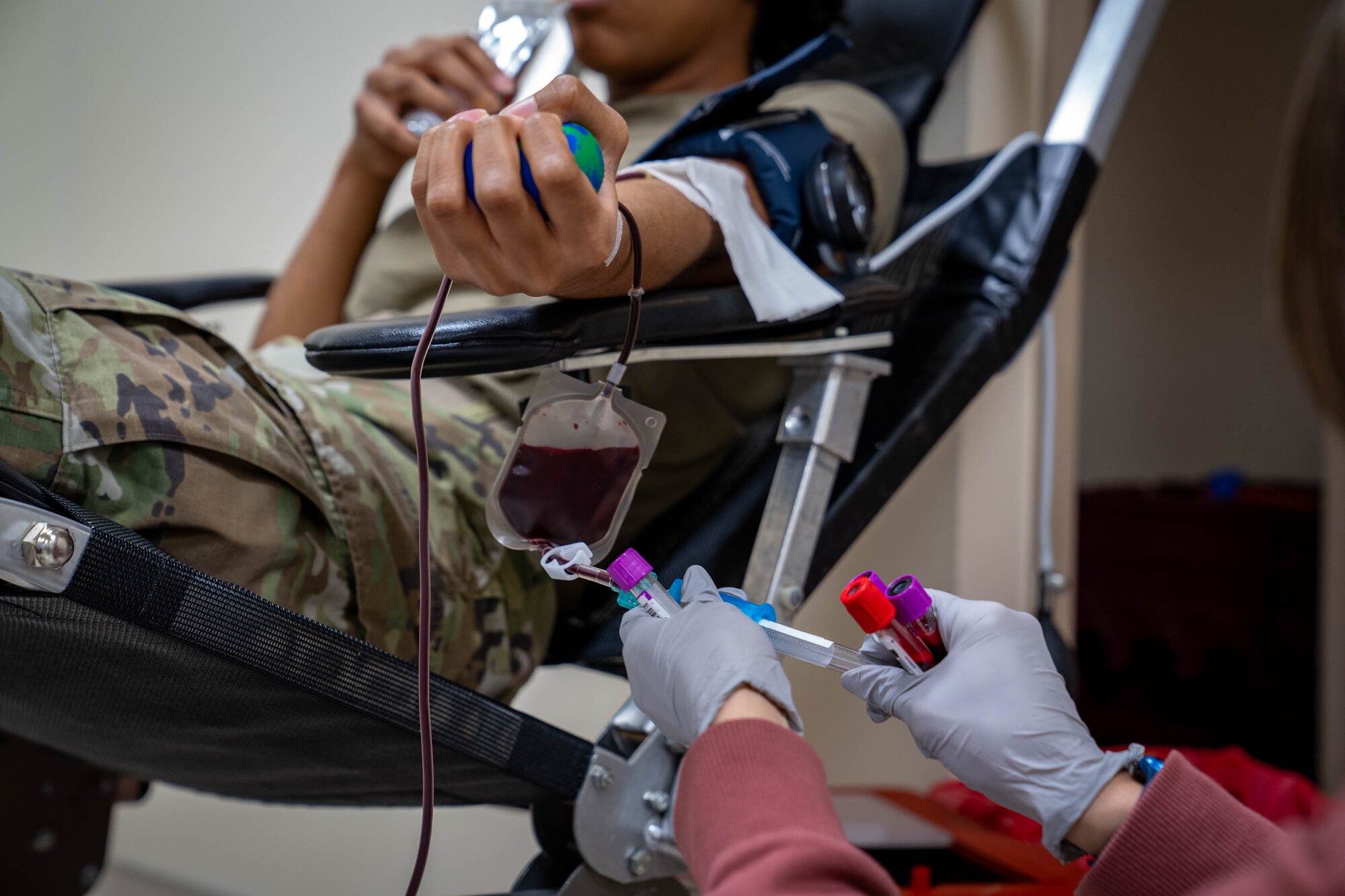 U.S. Air Force Airman 1st Class Devyn Waits, 81st Training Wing public affairs specialist, donates blood at the Triangle Clinic on Keesler Air Force Base, Mississippi, Jan. 18, 2024.