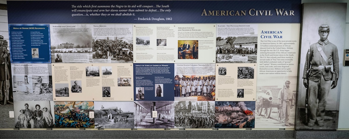 An infographic display depicting African Americans who have served in the military during the American Civil War at the Pentagon.