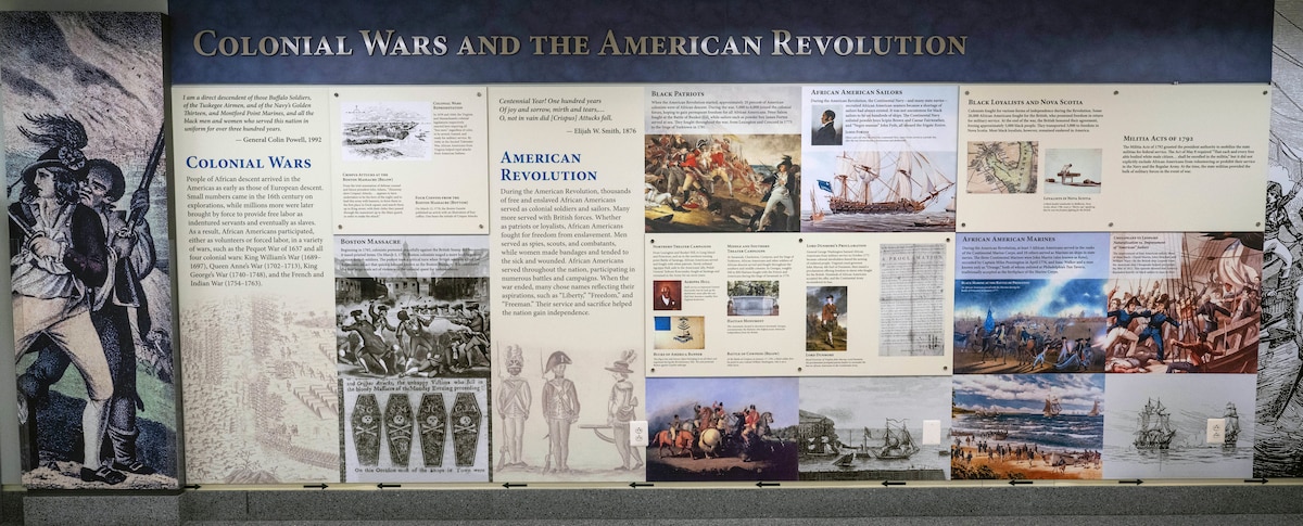 An infographic display depicts African Americans who have served in the military during the Colonial Wars and the American Revolution.