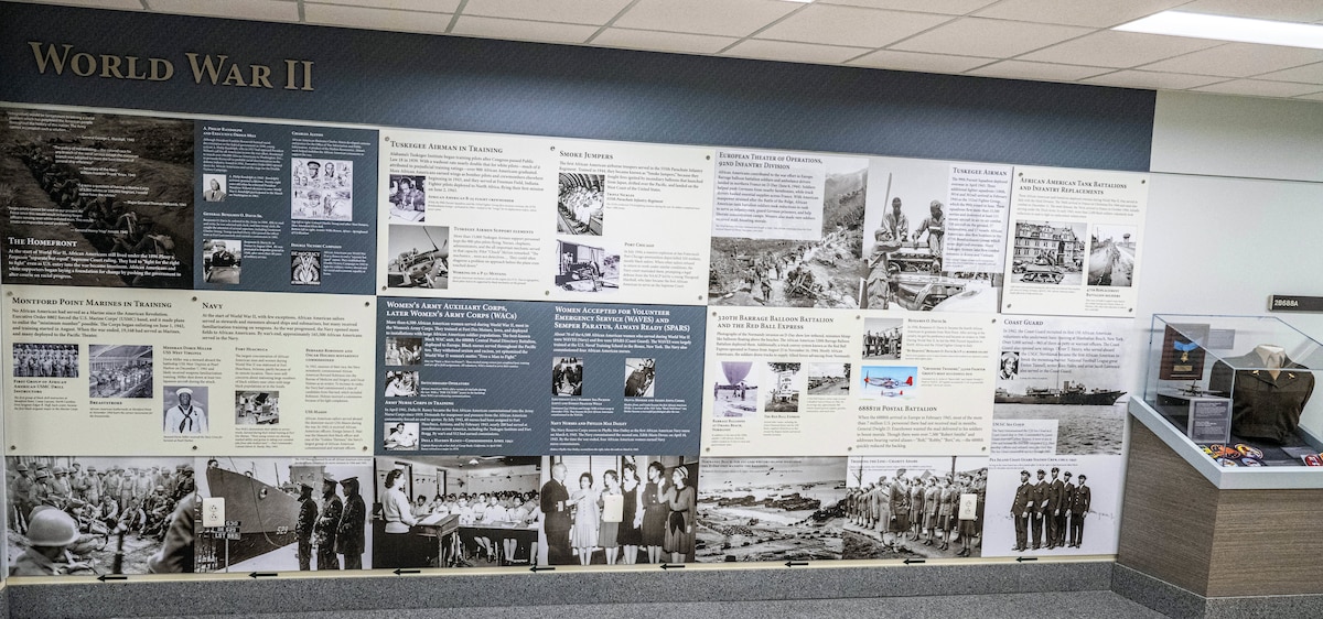 An infographic wall display depicting African Americans who served in the military during World War II includes pictures and text.