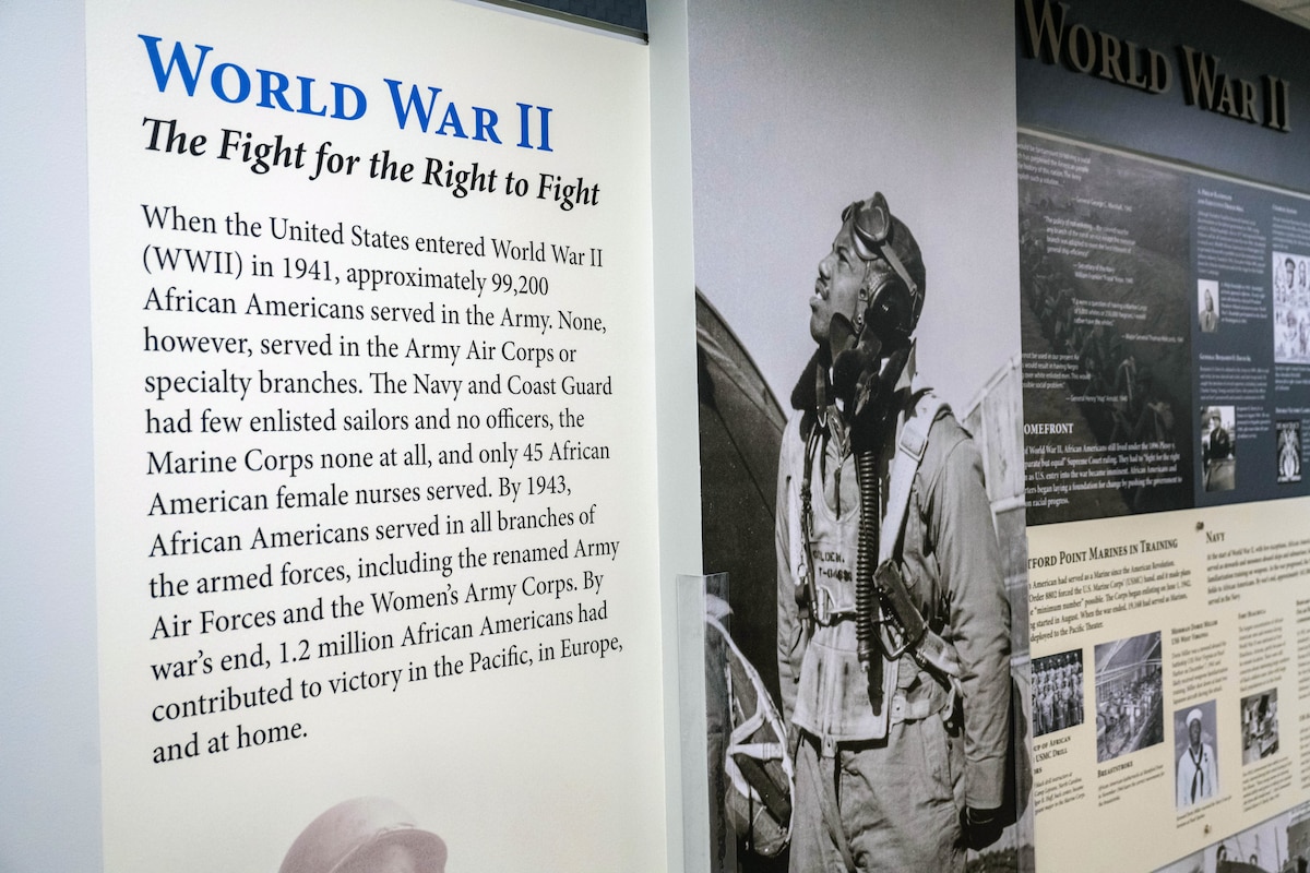 An infographic wall display depicts pictures and text about African Americans who served in the military during World War II.