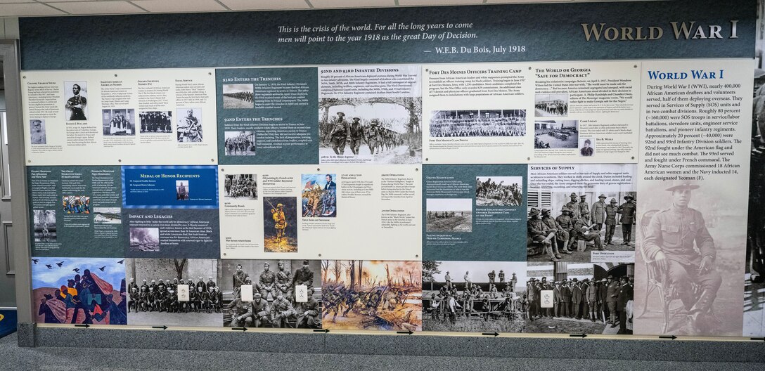 An infographic display depicts photos and text about African Americans who served in the military during World War I.