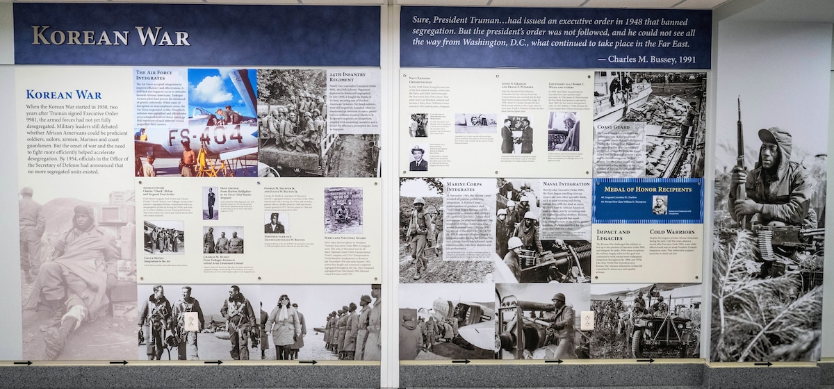 An infographic display depicts photos and text about African Americans who served in the military during the Korean War.