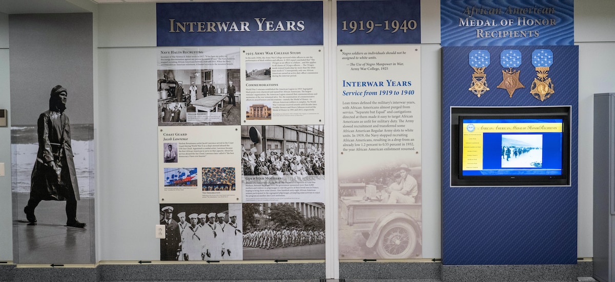 An infographic displays photos and text of African Americans who served in the military during the Interwar Years of 1919-1940.