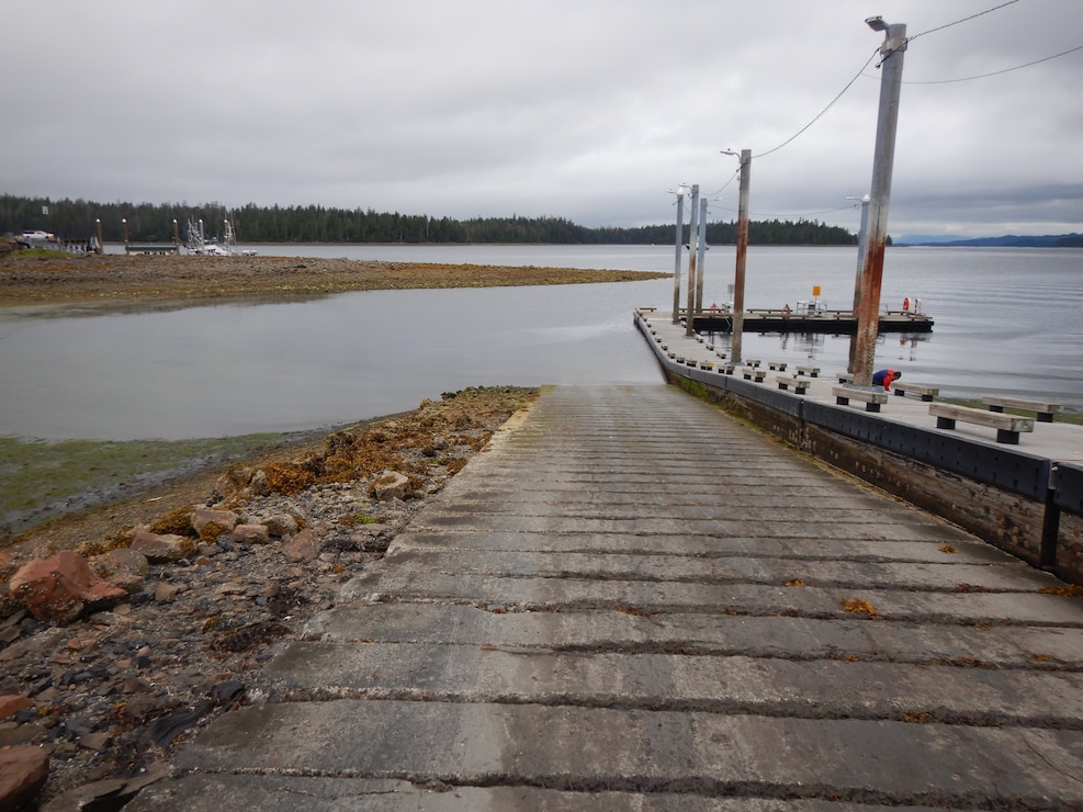 A launch ramp headed into the water.