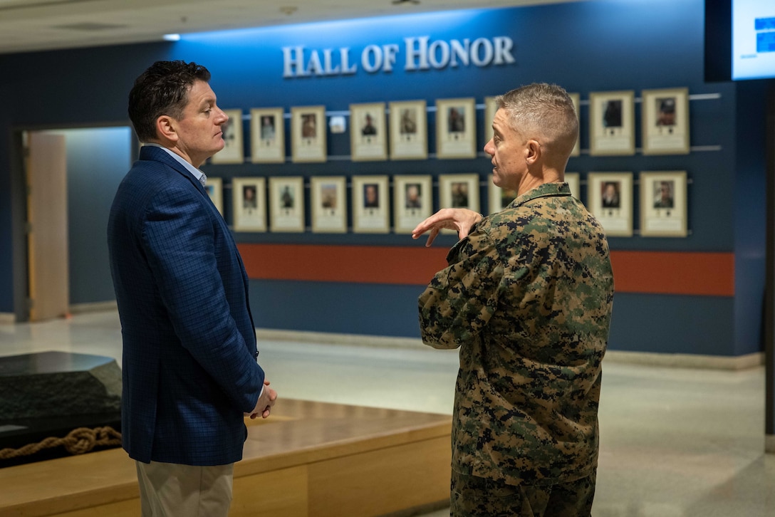 Assistant Secretary of Defense for Special Operations and Low-Intensity Conflict, Christopher Maier meets with Marines, Sailors, and civilians from Marine Forces Special Operations Command on Camp Lejeune, North Carolina, Jan. 16, 2024. During his visit, Maier had the opportunity to learn about MARSOC’s current and future operations as well as the programs they use to keep Marine Raiders in the fight. (U.S. Marine Corps photo by Cpl. Henry Rodriguez)