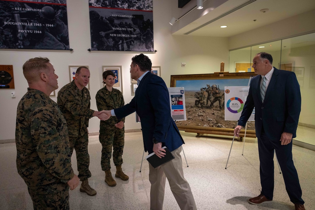 Assistant Secretary of Defense for Special Operations and Low-Intensity Conflict, Christopher Maier meets with Marines, Sailors, and civilians from Marine Forces Special Operations Command on Camp Lejeune, North Carolina, Jan. 16, 2024. During his visit, Maier had the opportunity to learn about MARSOC’s current and future operations as well as the programs they use to keep Marine Raiders in the fight. (U.S. Marine Corps photo by Cpl. Henry Rodriguez)
