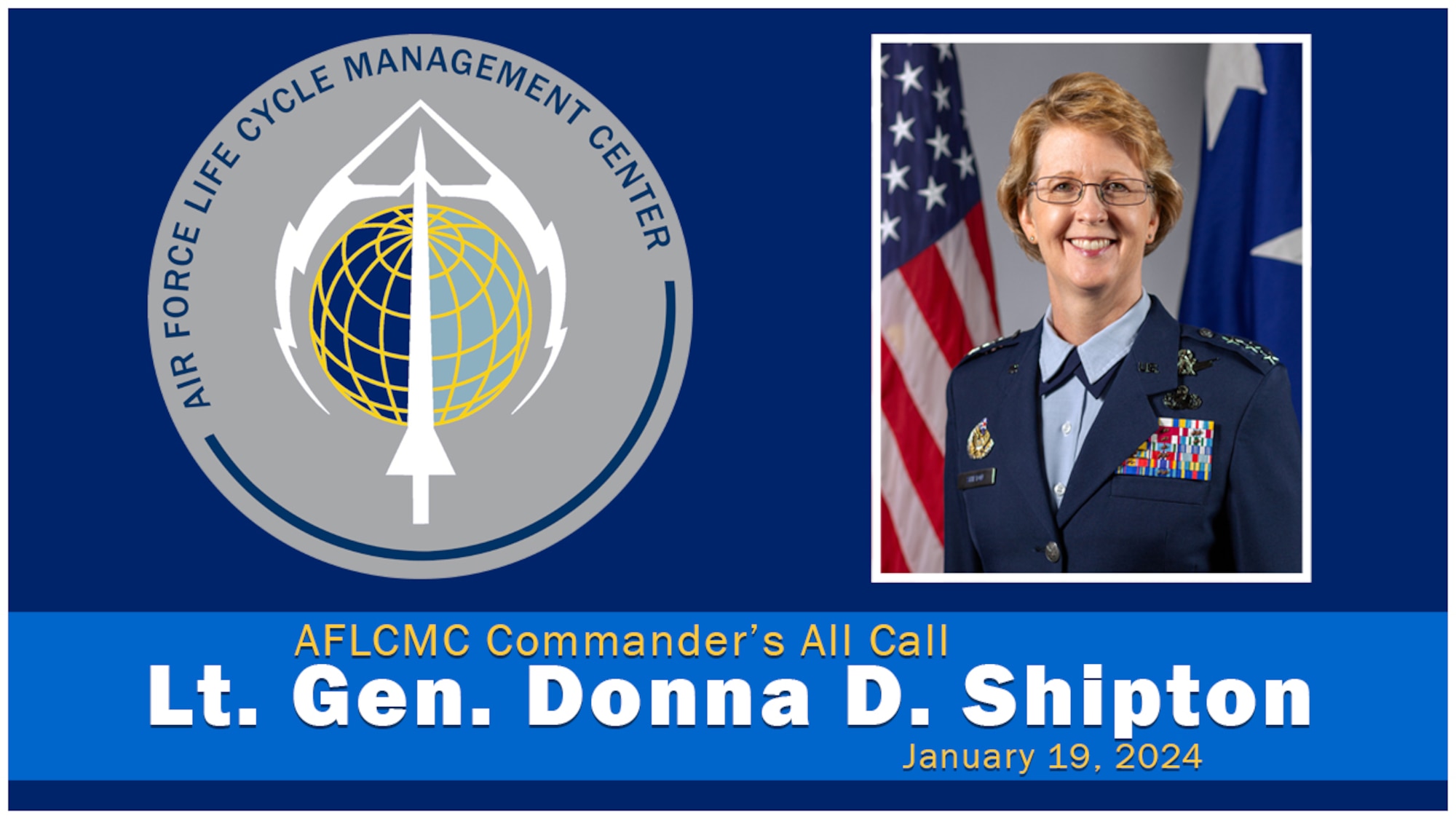 Graphic featuring a photo of Lt Gen Donna Shipton for her AFLCMC all-call.
