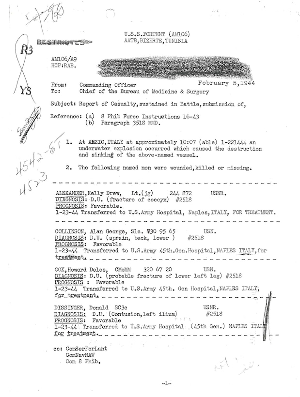An eight-and-a-half by eleven-inch piece of white paper, with mostly typewritten text in black-colored ink by the ship’s commanding officer, to the Chief of the Bureau of Medicine and Surgery reporting the casualties onboard USS Portent (AM-106) from her sinking by a mine on D-Day, 5 February 1944