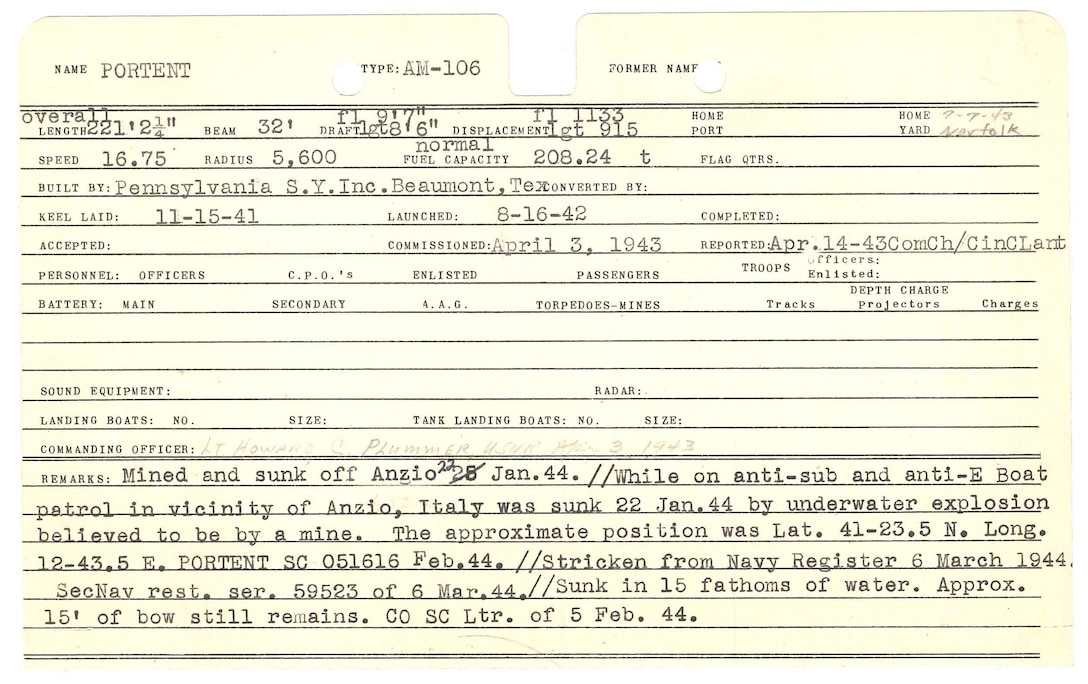 A five-by-eight inch piece of cream-colored paper (index card) with typewritten and handwritten text detailing the major specifications and events of USS Portent (AM-106), circa 1955