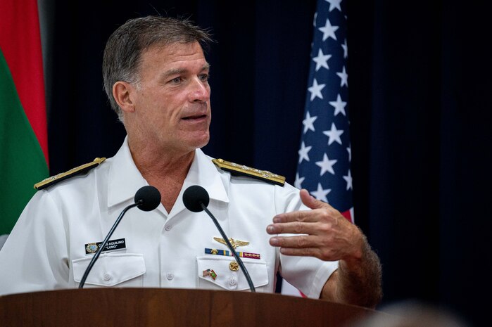 Adm. John C. Aquilino, Commander of U.S. Indo-Pacific Command, speaks at a ceremony at Maldives National Defence Forces Headquarters in Malé, Maldives on Jan. 21. The event transferred U.S. grant-funded equipment to Maldives’ Special Forces to enhance safety and capabilities during maritime security and counterterrorism operations and underscored USINDOPACOM’s dedication to fostering cooperation and enhancing the partnership between the two nations. USINDOPACOM is committed to enhancing stability in the Indo-Pacific region by promoting security cooperation, encouraging peaceful development, responding to contingencies, deterring aggression and, when necessary, fighting to win. (U.S. Navy photo by Chief Mass Communication Specialist Shannon M. Smith)