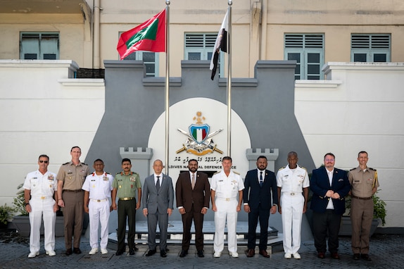 Maldives Minister of Defence Ghassan Maumoon, Maldives Chief of Defence Lt. Gen. Abdul Raheem, U.S. Ambassador to the Maldives Hugo Won, Commander of U.S. Indo-Pacific Command Adm. John C. Aquilino, and senior military members and staff take a photo at Maldives National Defence Forces Headquarters in Malé, Maldives on Jan. 21, 2024. The visit underscored USINDOPACOM’s dedication to fostering cooperation and enhancing the partnership between the two nations. USINDOPACOM is committed to enhancing stability in the Indo-Pacific region by promoting security cooperation, encouraging peaceful development, responding to contingencies, deterring aggression and, when necessary, fighting to win. (U.S. Navy photo by Chief Mass Communication Specialist Shannon M. Smith)