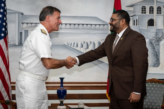 Maldives Minister of Defence Ghassan Maumoon meets with Adm. John C. Aquilino, Commander of U.S. Indo-Pacific Command, at Maldives National Defence Forces Headquarters in Malé, Maldives on Jan. 21, 2024. The visit underscored USINDOPACOM’s dedication to fostering cooperation and enhancing the partnership between the two nations. USINDOPACOM is committed to enhancing stability in the Indo-Pacific region by promoting security cooperation, encouraging peaceful development, responding to contingencies, deterring aggression and, when necessary, fighting to win. (U.S. Navy photo by Chief Mass Communication Specialist Shannon M. Smith)
